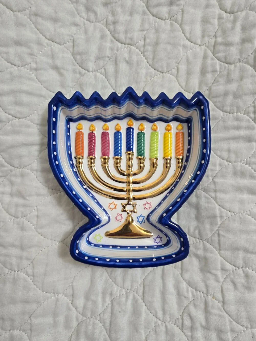 Menorah Shaped Candy Bowl Susan Fischer Weis Design Rainbow Design Ceramic Dish.